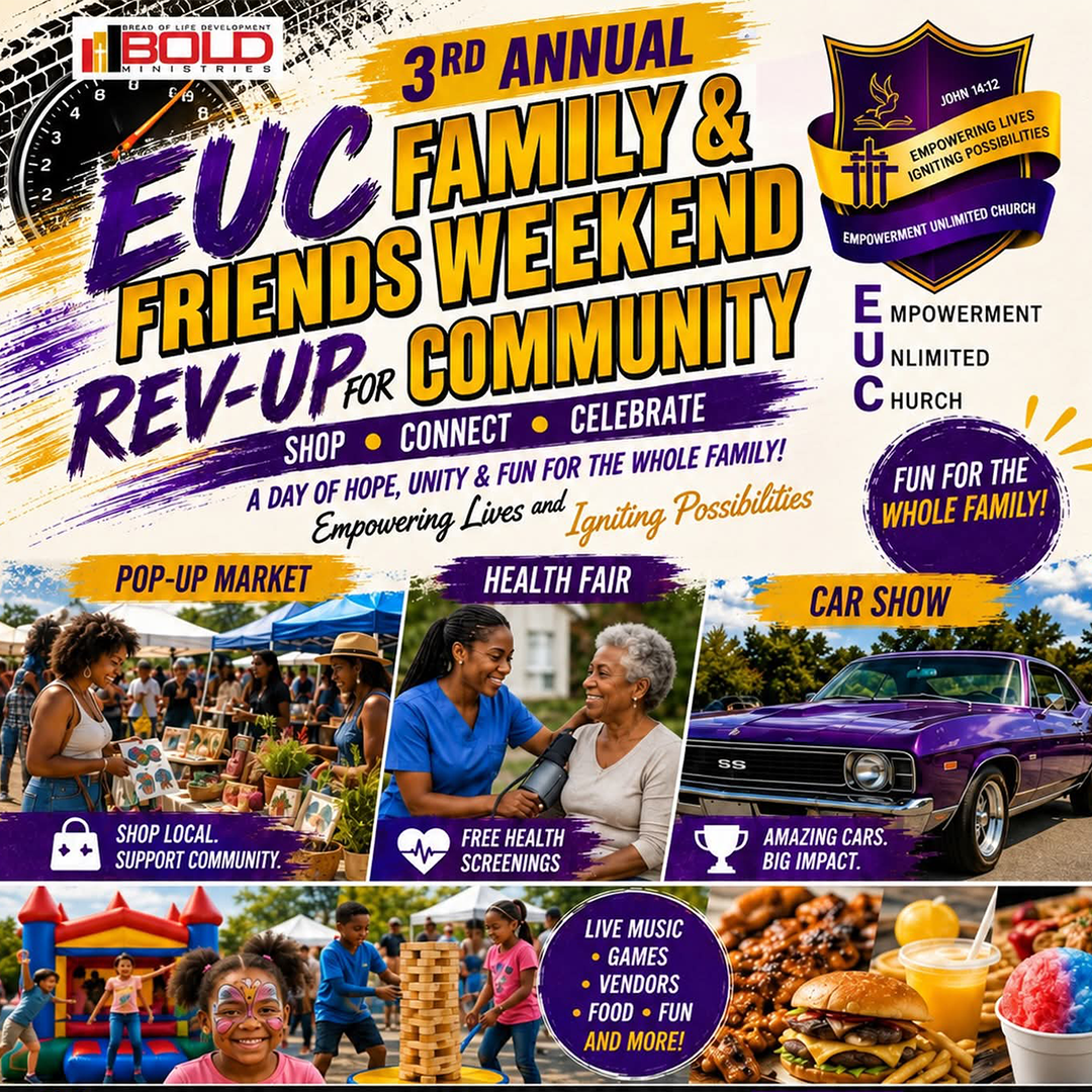 BOLD Ministries and Empowerment Unlimited Church 3rd annual Rev up for community car show flyer